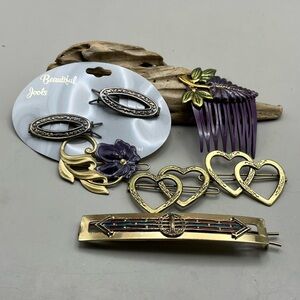 Vintage Hair Clip & Comb Lot - Etched Oval Purple Flower Double Hearts Art Deco